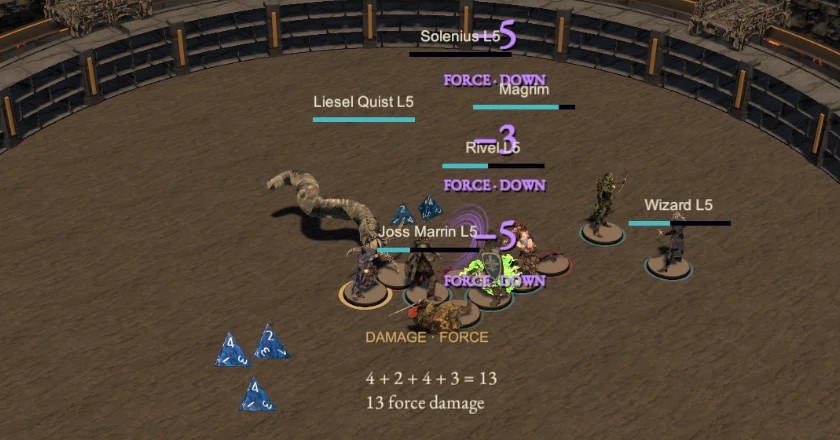 Damage roll shown as 4 + 2 + 4 + 3 = 13 force damage
