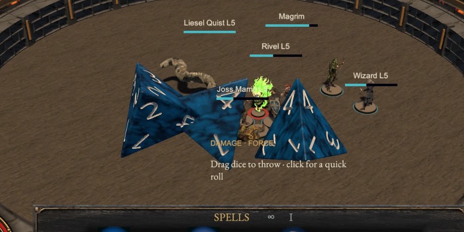 Three-dimensional dice being thrown across the arena