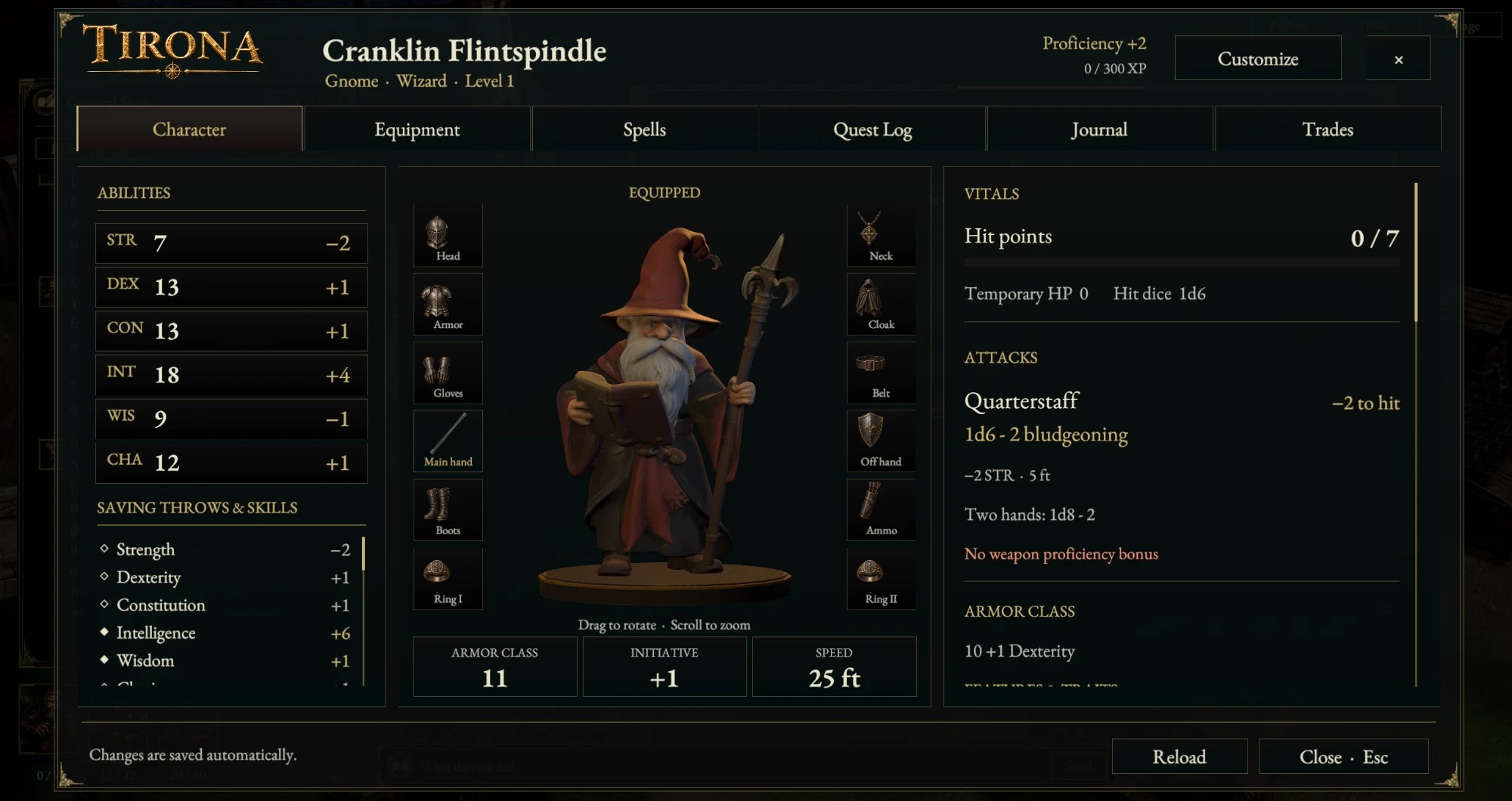 Character sheet for Cranklin Flintspindle, a gnome wizard: ability scores, equipment and vitals
